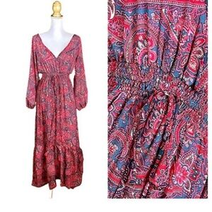 Anthropologie Boeme Red and Blue Paisley Long Sleeve Dress
